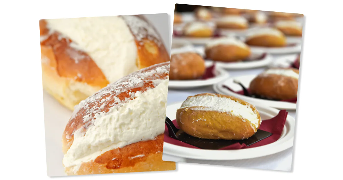 Two views of maritozzi: a sweet bun split and filled with a thick layer of whipped cream, and a tray of them plated at a counter.