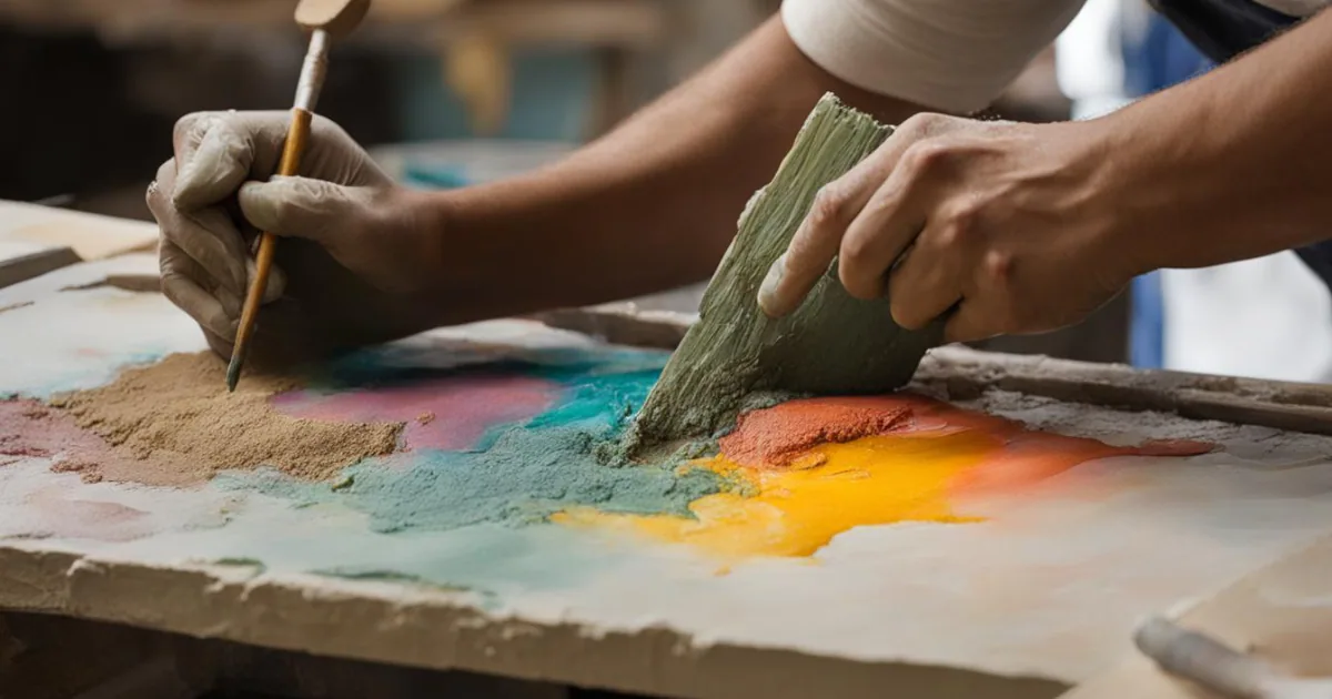 Two hands at work on a fresco: one holds a brush, the other a trowel, spreading coloured pigments across a slab of wet lime plaster.