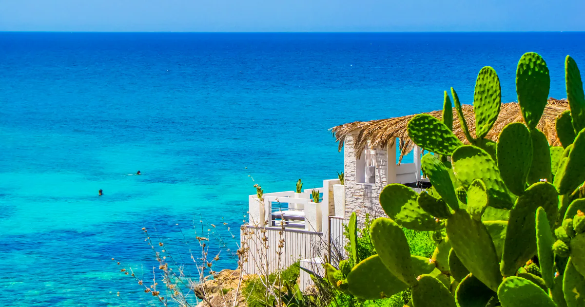 Turquoise sea along the Salento coast, with a whitewashed beach house under a thatched roof on the cliff and prickly pear cactus in the foreground.